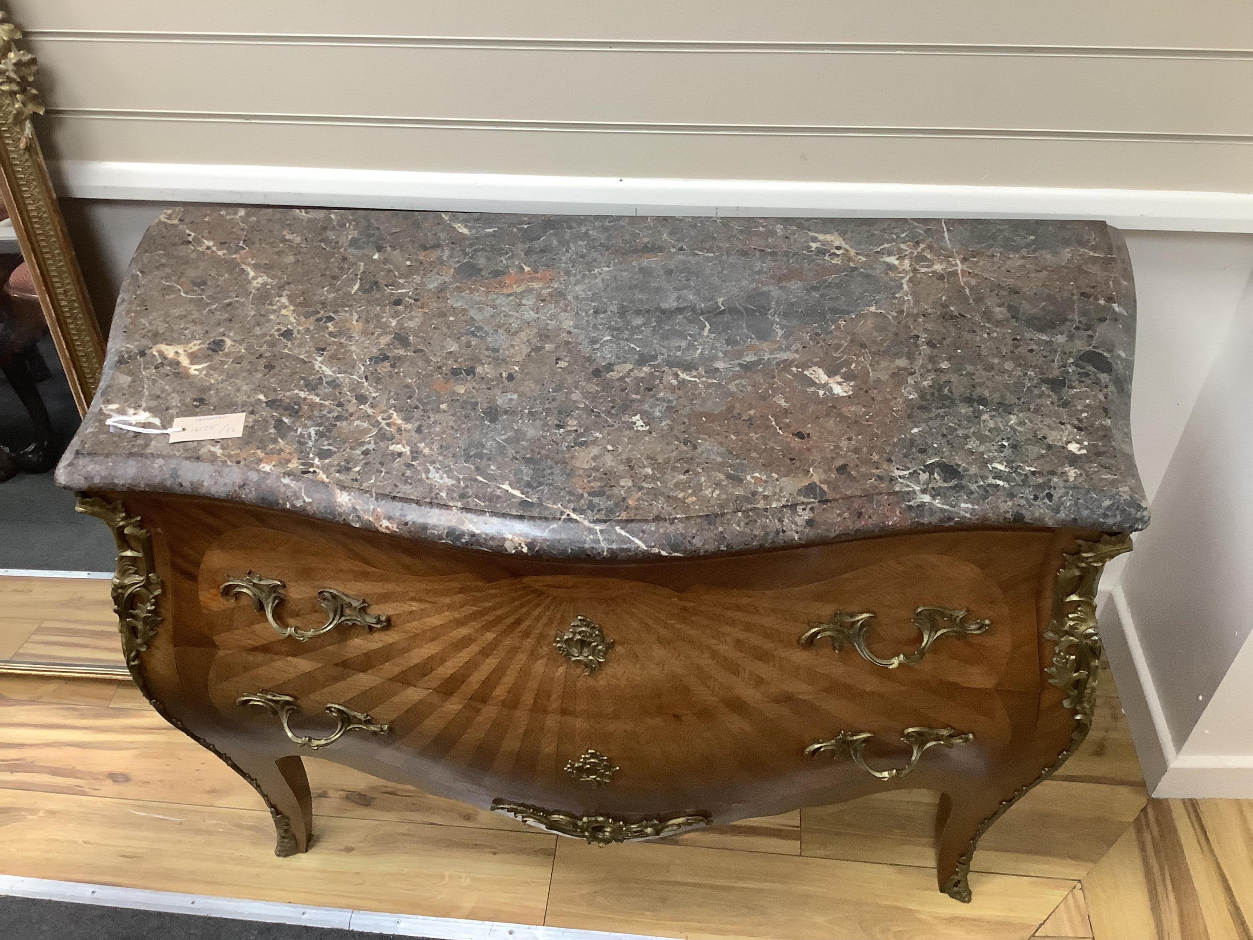 A French marble topped Louis XV style marquetry commode, width 119cm, depth 52cm, height 86cm. Condition - fair to good